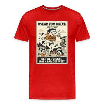 Fliegender nerviger Nachbar im Wohnviertel - Männer Premium Bio T-Shirt - Rot - Vorne - Damien (186cm)