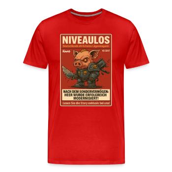 Combattre un cochon en armure sur un faux magazine - T-shirt bio Premium Homme - rouge - Devant - Damien (186cm)