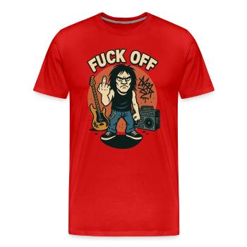 Rocker avec guitare, boombox et slogan « Fuck Off » - T-shirt bio Premium Homme - rouge - Devant - Damien (186cm)