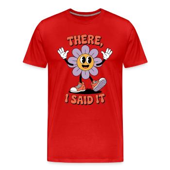 Lächelnde Cartoon-Blume mit Spruch und Turnschuhen - Männer Premium Bio T-Shirt - Rot - Vorne - Damien (186cm)
