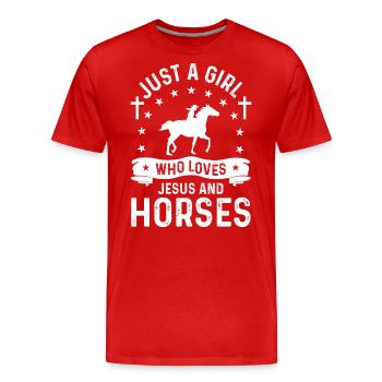 Seulement une fille qui aime Jésus et les chevaux - T-shirt bio Premium Homme - rouge - Devant - Damien (186cm)