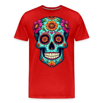 Crâne en sucre floral – Art coloré du Jour des Morts - T-shirt bio Premium Homme - rouge - Devant - Damien (186cm)