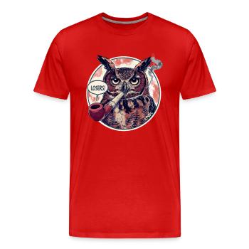 Owl with tobacco pipe says "loser" - Men's Premium Organic T-Shirt - red - Front - Damien (186cm)