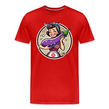 Femme au foyer tenant timidement une grosse aubergine - T-shirt bio Premium Homme - rouge - Devant - Damien (186cm)
