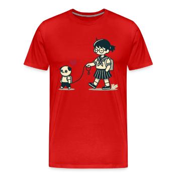 Japanese otaku walking with schoolgirl - Men's Premium Organic T-Shirt - red - Front - Damien (186cm)