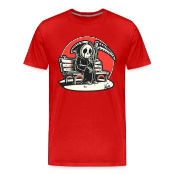 Einsamer trauriger Sensenmann auf Parkbank - Männer Premium Bio T-Shirt - Rot - Vorne - Damien (186cm)