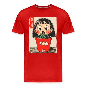 Cartoon Mädchen hinter einem Blumentopf - Männer Premium Bio T-Shirt - Rot - Vorne - Damien (186cm)