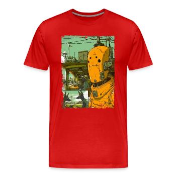 Cartoon einer Sci-Fi-Dystopie mit Roboter - Männer Premium Bio T-Shirt - Rot - Vorne - Damien (186cm)