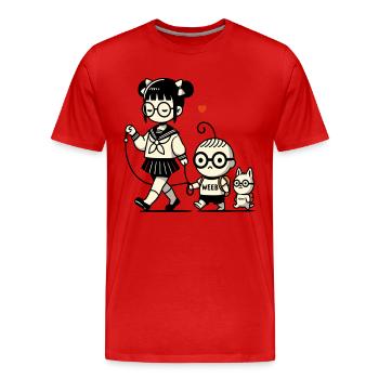 japanese schoolgirl, little brotherwith dog - Men's Premium Organic T-Shirt - red - Front - Damien (186cm)