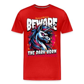 ATTENTION À LA LICORNE NOIRE Menace mythique - T-shirt bio Premium Homme - rouge - Devant - Damien (186cm)