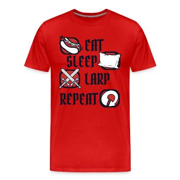 Essen, Schlafen, LARP, Wiederholungs-LARPen, Waffenrüstung - Männer Premium Bio T-Shirt - Rot - Vorne - Damien (186cm)
