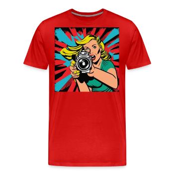 Pop Art Woman Photographer - Men's Premium Organic T-Shirt - red - Front - Damien (186cm)