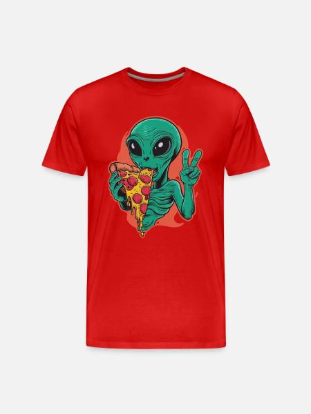 Alien enjoys delicious pizza - Men's Premium Organic T-Shirt - red
