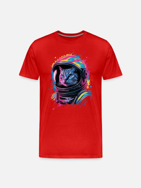 Weltraumkatze Mit Buntem Helm - Männer Premium Bio T-Shirt - Rot