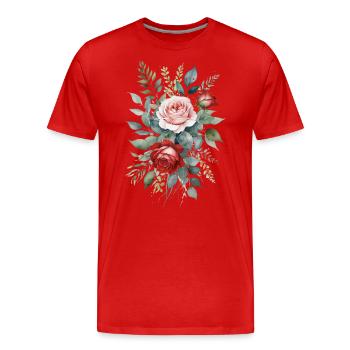 Feuilles d’eucalyptus avec des roses roses et rouges dans l’eau - T-shirt bio Premium Homme - rouge - Devant - Damien (186cm)