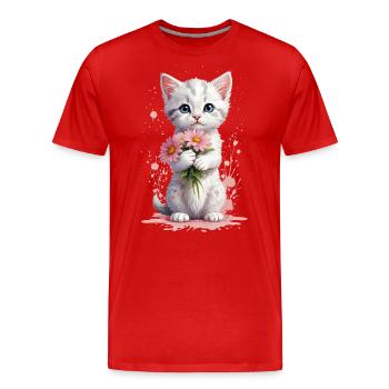 Verspielte Mieze mit rosa Blüten - Männer Premium Bio T-Shirt - Rot - Vorne - Damien (186cm)