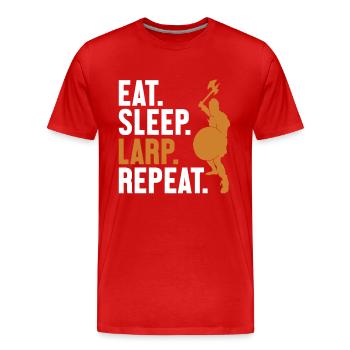 Essen, Schlafen, LARP, Wiederholungs-LARPen, Waffenrüstung - Männer Premium Bio T-Shirt - Rot - Vorne - Damien (186cm)