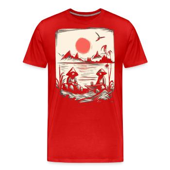 Soleil rouge japonais : pêcheurs et pêcheurs sur le lac - T-shirt bio Premium Homme - rouge - Devant - Damien (186cm)