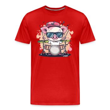 Rockmusik und ein lustiges Schlagzeuger-Schwein - Männer Premium Bio T-Shirt - Rot - Vorne - Damien (186cm)