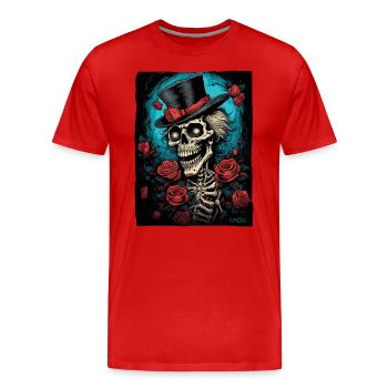 Schädel-Skelett-Gentleman und Rosen - Männer Premium Bio T-Shirt - Rot - Vorne - Damien (186cm)