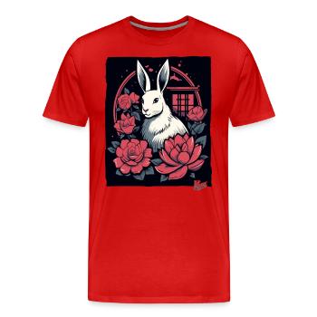 Des roses asiatiques et un lapin blanc - T-shirt bio Premium Homme - rouge - Devant - Damien (186cm)