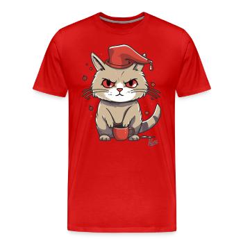 Kaffee Katze mit Hut: Die Morgenmuffel Mieze - Männer Premium Bio T-Shirt - Rot - Vorne - Damien (186cm)