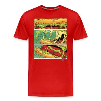 Comic-Panels: Käse-Monster-Wurst im Brötchen - Männer Premium Bio T-Shirt - Rot - Vorne - Damien (186cm)