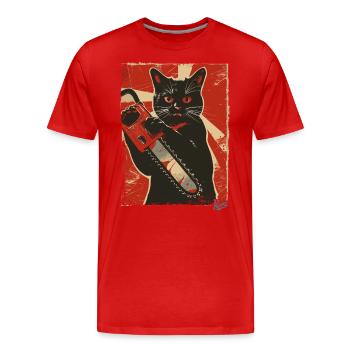 Vintage Drôle Chat avec Tronçonneuse - T-shirt bio Premium Homme - rouge - Devant - Damien (186cm)