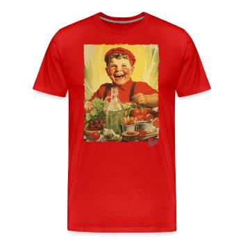 Vintage Propaganda: Junge isst gesundes Essen - Männer Premium Bio T-Shirt - Rot - Vorne - Damien (186cm)