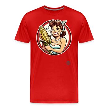 Femme au foyer en sueur avec un gros épi de maïs - T-shirt bio Premium Homme - rouge - Devant - Damien (186cm)