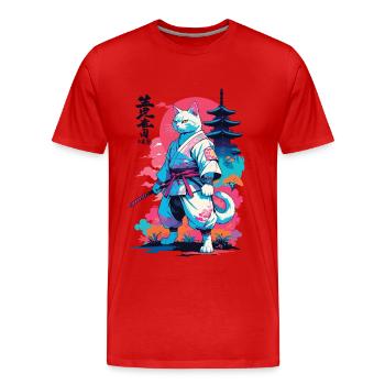 Chat samouraï Vaporwave Esthétique Japon Art - T-shirt bio Premium Homme - rouge - Devant - Damien (186cm)