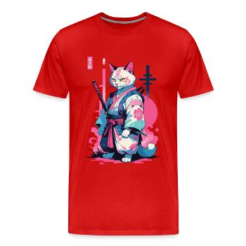 Chat samouraï Vaporwave Esthétique Japon Art - T-shirt bio Premium Homme - rouge - Devant - Damien (186cm)