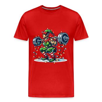 Weihnachtlicher Muskelaufbau Elf Hanteltraining - Männer Premium Bio T-Shirt - Rot - Vorne - Damien (186cm)