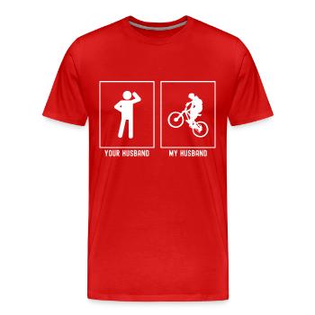 Your husband - My husband - cycling uphill - Men's Premium Organic T-Shirt - red - Front - Damien (186cm)