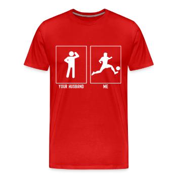 Her husband - me - footballer with a ball - Men's Premium Organic T-Shirt - red - Front - Damien (186cm)
