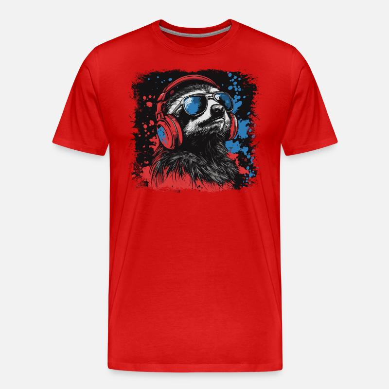 Faultier hört Musik mit Kopfhörern - Männer Premium Bio T-Shirt - Rot
