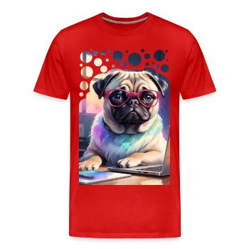 Bureau Chien Carlin avec Ordinateur Portable et Lunettes Roses Pop Art - T-shirt bio Premium Homme - rouge - Devant - Damien (186cm)