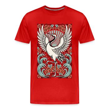 Kranich mit Blumen und Wellen - Männer Premium Bio T-Shirt - Rot - Vorne - Damien (186cm)