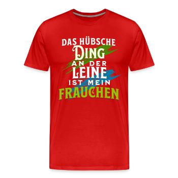 Frauchen geht Gassi mit Hund - Männer Premium Bio T-Shirt - Rot - Vorne - Damien (186cm)