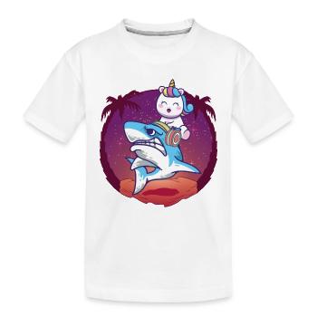 Einhorn reitet auf einem Hai - Kinder Premium Bio T-Shirt - Weiß - Vorne
