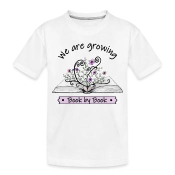 Des fleurs roses poussent à livre ouvert avec citation - T-shirt bio Premium Enfant - blanc - Devant