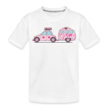 Voiture avec caravane et valise en coeur rose - T-shirt bio Premium Enfant - blanc - Devant