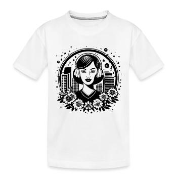 Skyline Hochhaus Fassade – Frau mit Kopfhörer - Kinder Premium Bio T-Shirt - Weiß - Vorne