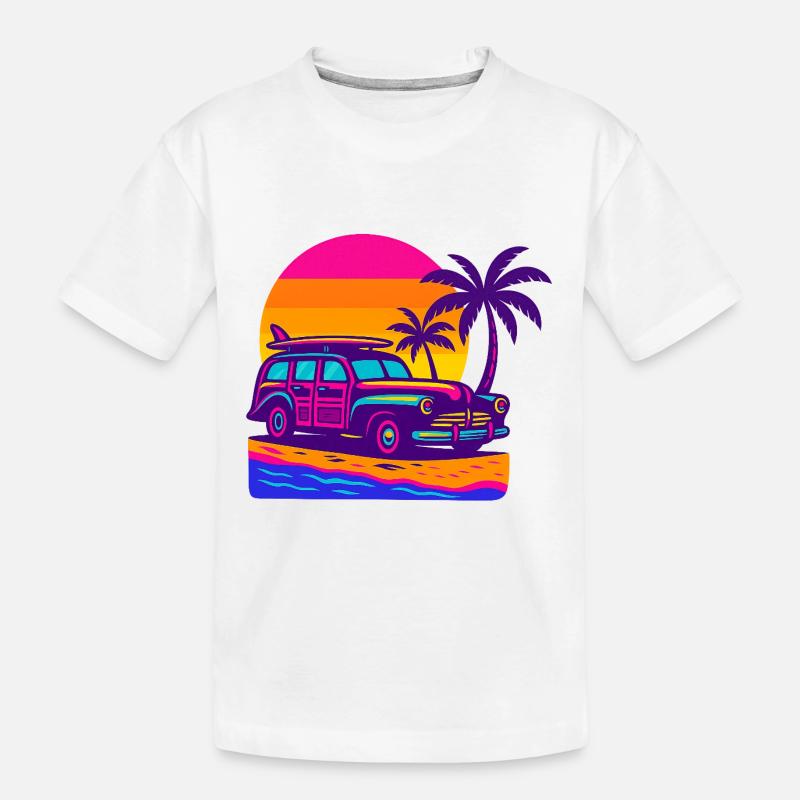 Escapade rétro néon sur la plage avec planche de surf Surf Woody - T-shirt bio Premium Enfant - blanc