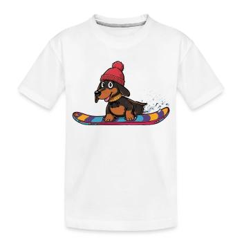 Dachshund snowboard in winter - Kids' Premium Organic T-Shirt - white - Front