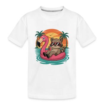 Drôle de détente de raton laveur sur le coucher de soleil du flou flamant rose - T-shirt bio Premium Enfant - blanc - Devant