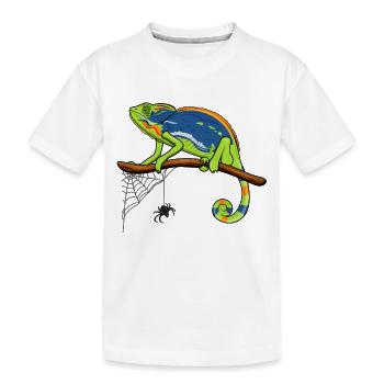 Chameleon On Branch with Spider Web - Kids' Premium Organic T-Shirt - white - Front