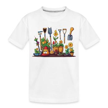 Un divertissement de jardinage avec des outils floraux - T-shirt bio Premium Enfant - blanc - Devant