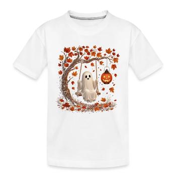 Fantôme d’Halloween en balançoire avec Automne de la citrouille - T-shirt bio Premium Enfant - blanc - Devant