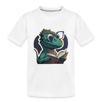 Little baby Dino reads book with glasses - Kids' Premium Organic T-Shirt - white - Front